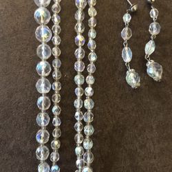 Beautiful Vintage Faceted Crystal Bead Necklace & Earrings Set 34” Open