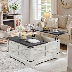 ES216 $120  Farmhouse Lift Top Coffee Table with Storage, 36" Square Center Table with Large Hidden Compartment, Wood Lift Tabletop Dining Table for H