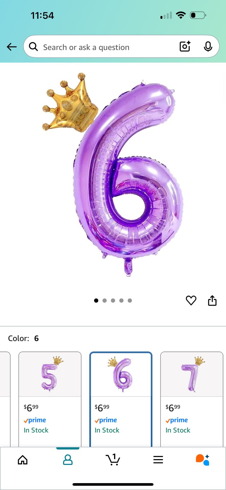 40 Inch Purple #6 Crown Balloon $3