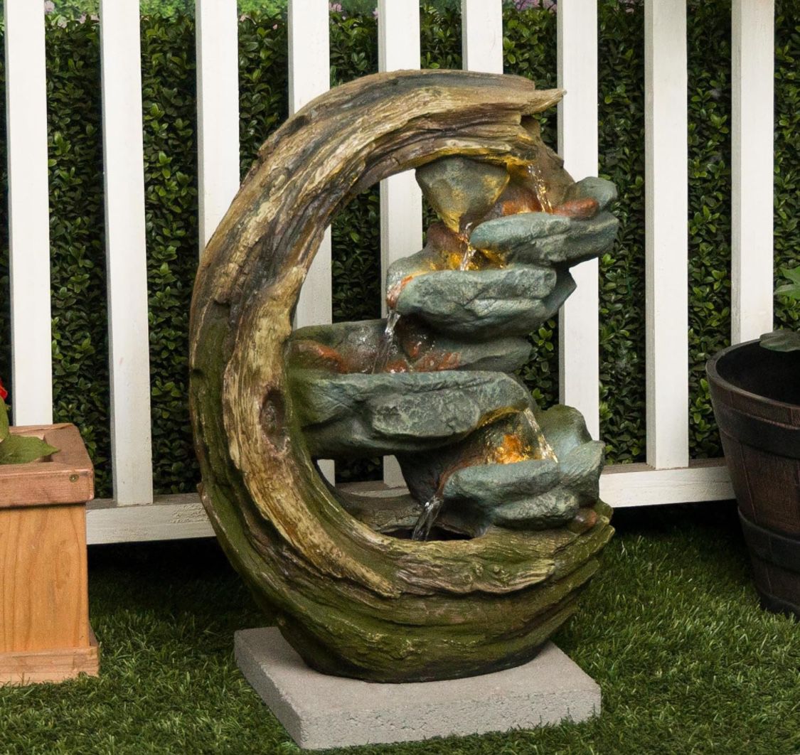Outdoor Floor Curved Tiered Trunk and Stone Garden Fountain, 24" H