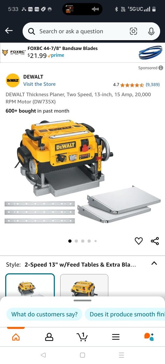 DEWALT Thickness Planer, Two Speed, 13-inch, 15 Amp, 20,000 RPM Motor (DW735X)