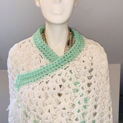 CROCHET HANDMADE OVER THE SHOULDER SHAWL or HEAD COVERING 46 Inches Wide x 31 Inches Long FRINDGED WHITE & PALE GREEN