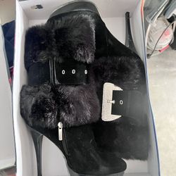 Selina By Summer Rio Black Faux Fur 4in Heels 