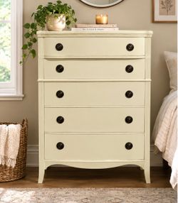 Delivery Available/ Vintage Cream 5 drawer wood dresser