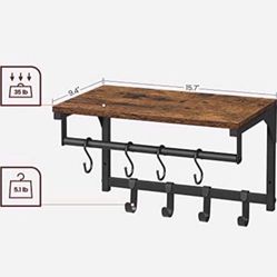 Laundry Room Shelf Wall Mounted, Coat Rack Shelf, With 8 Removable Hooks 