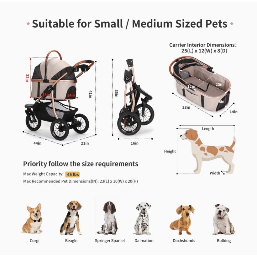 SKISOPGO Pet Strollers for Small Medium Dogs/Cats, NoZip 3 Wheels Dog