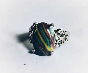 RAINBOW CALSILICA POLISHED CABECHON QUALITY TITANIUM SILVER NEW SIZE 5.5 RING