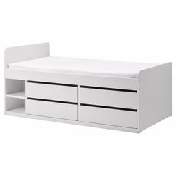 SLÄKT Bed frame w/storage+slatted bedbase, white, Twin