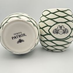 Patron Tequila Ceramic Tiki Mug Cup Glass Bee Hive White & Green 2018 Set of 2