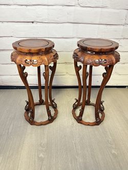 Asian Carved Plant Stand Vase Tables 2pc