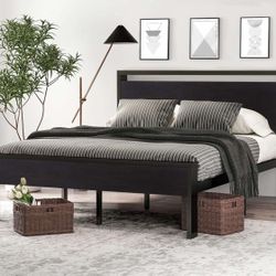 14 Inch Full Size Metal Platform Bed Frame with Wooden Headboard and Footboard, Mattress Foundation, No Box Spring Needed, Large Under Bed Storage, No