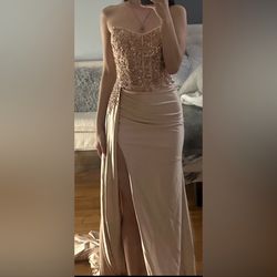 Anabel Champagne split prom Dress