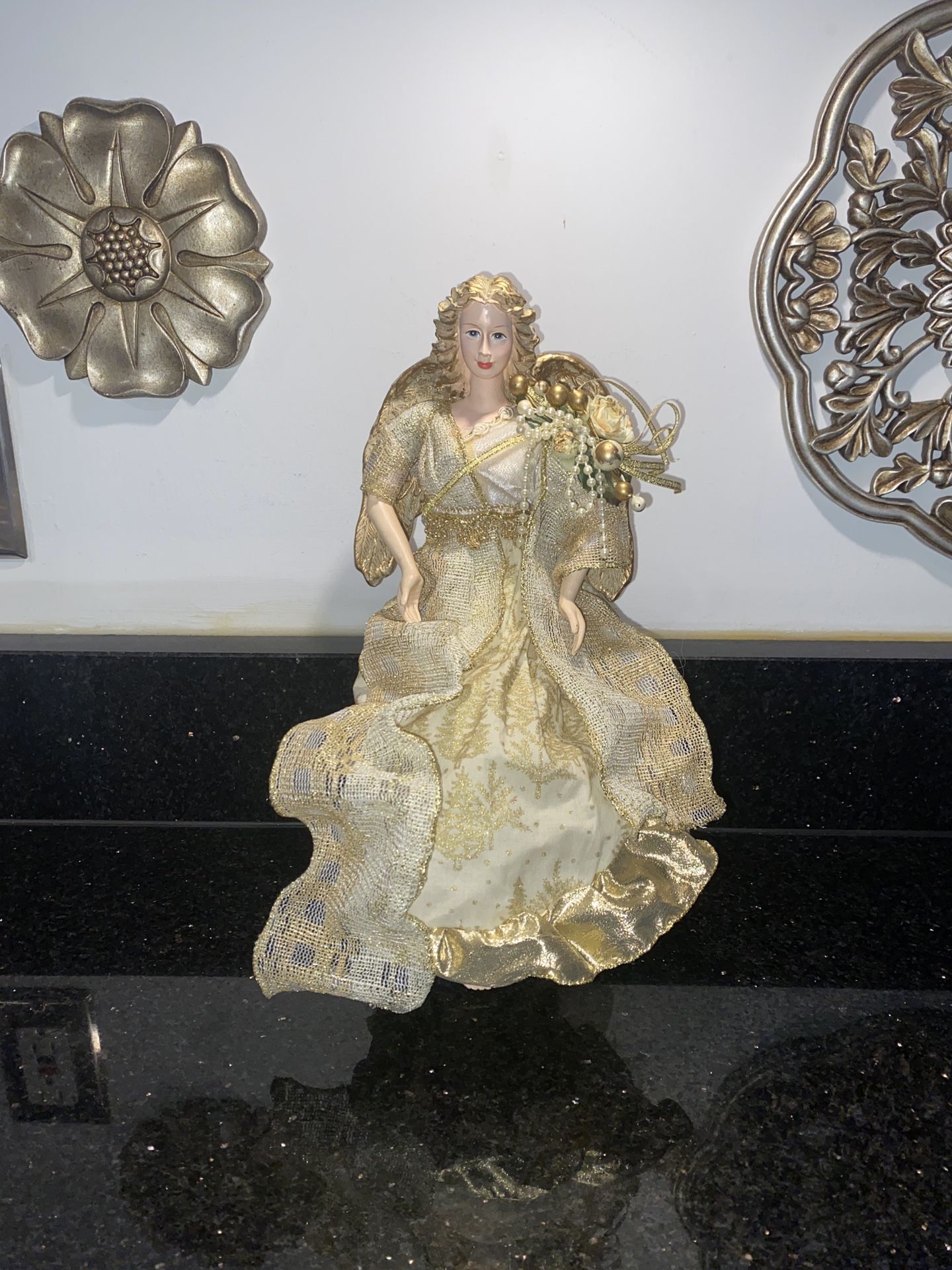 Vintage Golden 12” Angel Christmas Ornament with Ceramic Head & Limbs