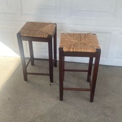 Dark Wood Straw Woven Seat Stools (2) 