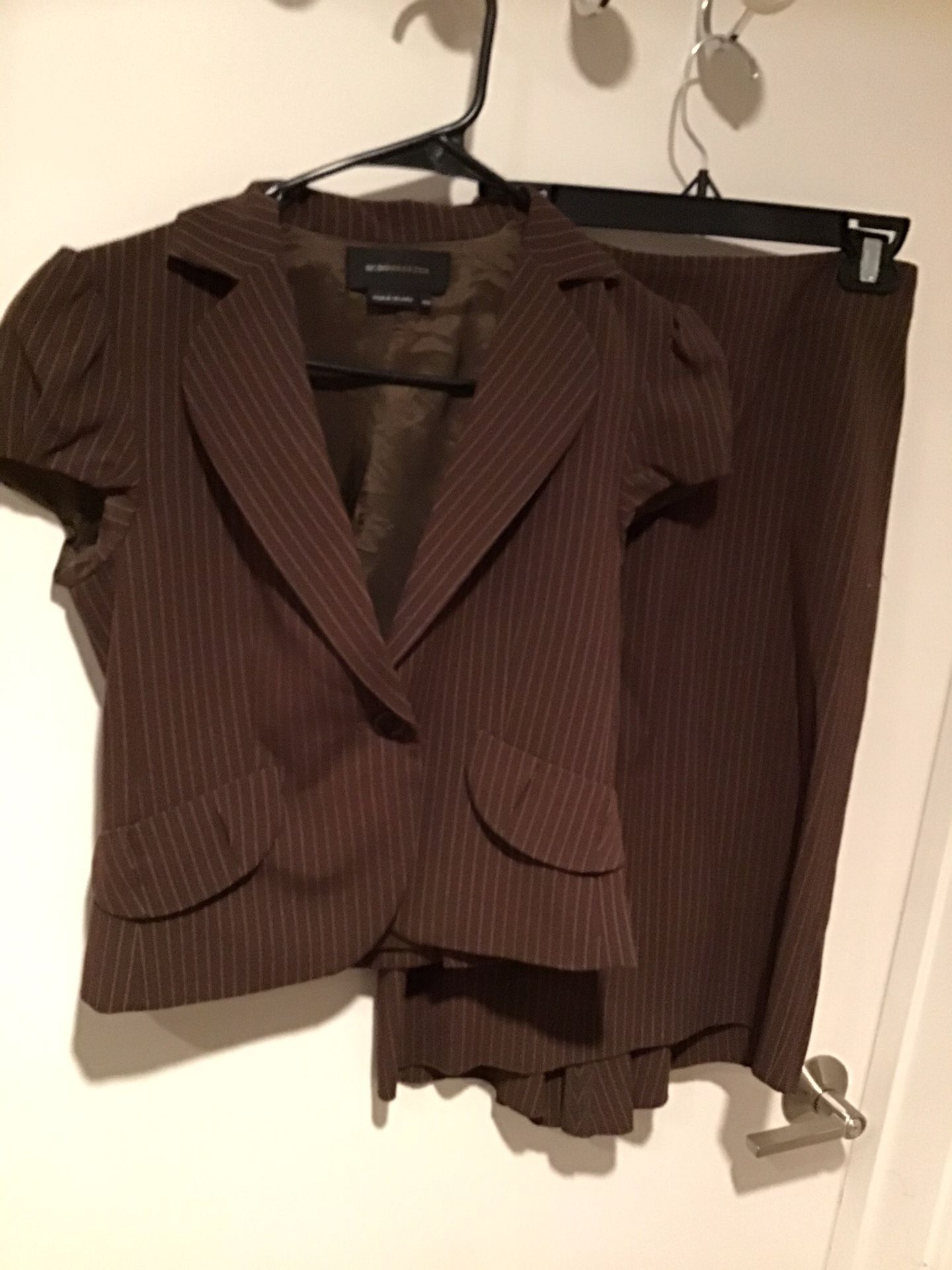 BROWN PINSTRIPE SKIRT AND JACKET SUIT