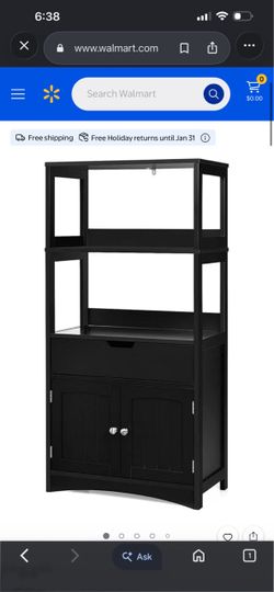 Black Storage Cabinet with Shelves and Drawer