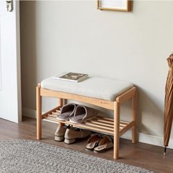 Solid Wood Small Shoe Storage Bench - Modern Shoe Rack Bench with Soft Cushion, Entryway & Small Spaces Organizer (Natural, 23.62 ")
