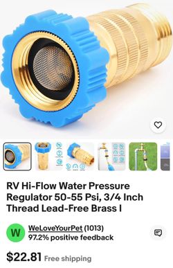 RV Hi-Flow Water Pressure Regulator 50-55 Psi, 3/4 Inch Thread Lead-Free Brass I