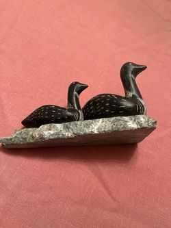 2000s, Soapstone Sculpture, Signed, a Pair of Loons Carved by Rick Thomas Inuit Eskimo / Nome, Alaska.