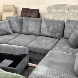 New Corduroy Sectional.  Grey.  99” X 66”.  Free Delivery!