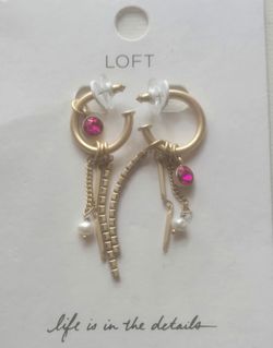 Loft Pink Rhinestone Gold Tone Dangle Statement Earrings New
