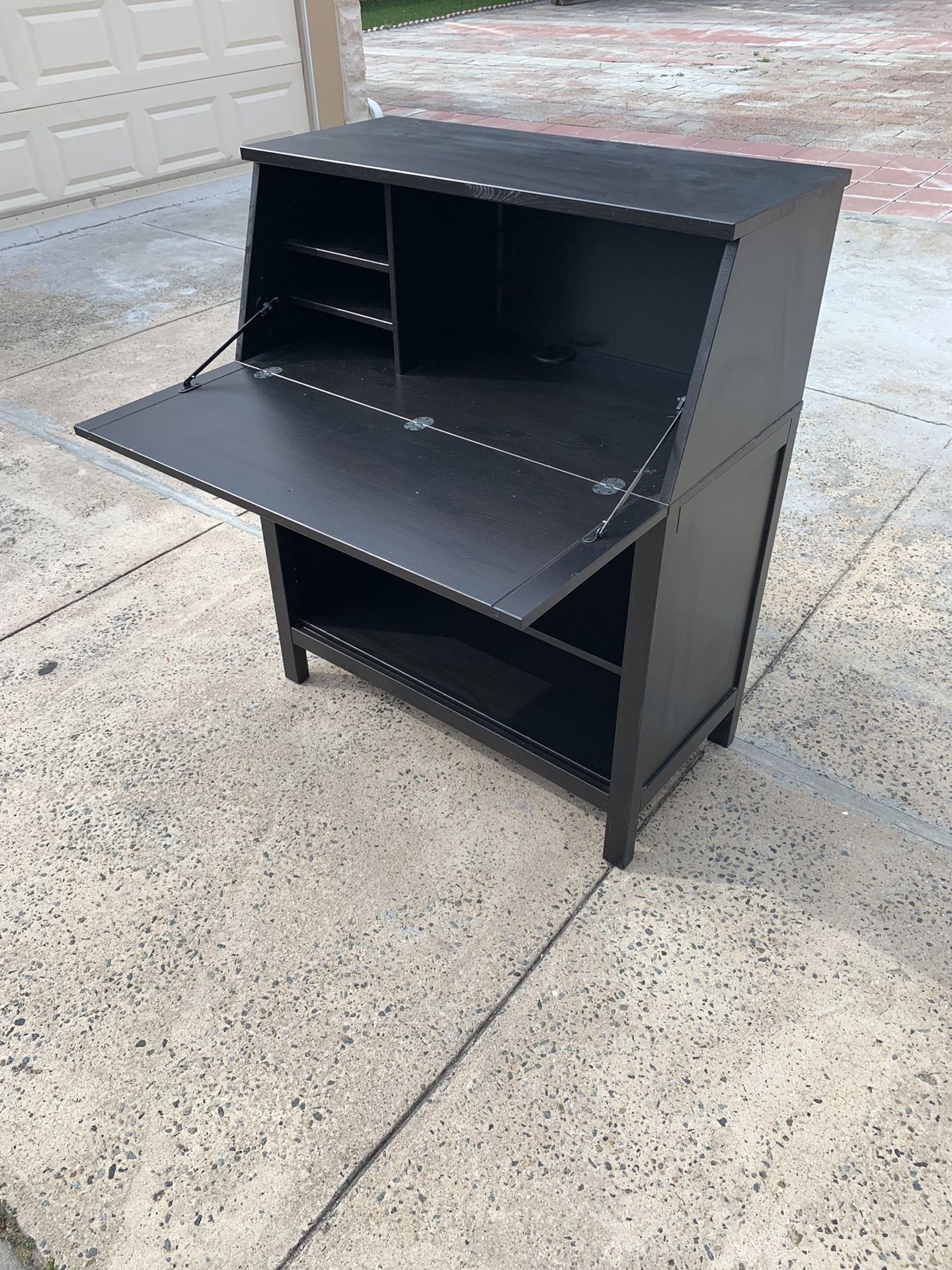 Ikea black brown Hemnes fold out desk with shelves