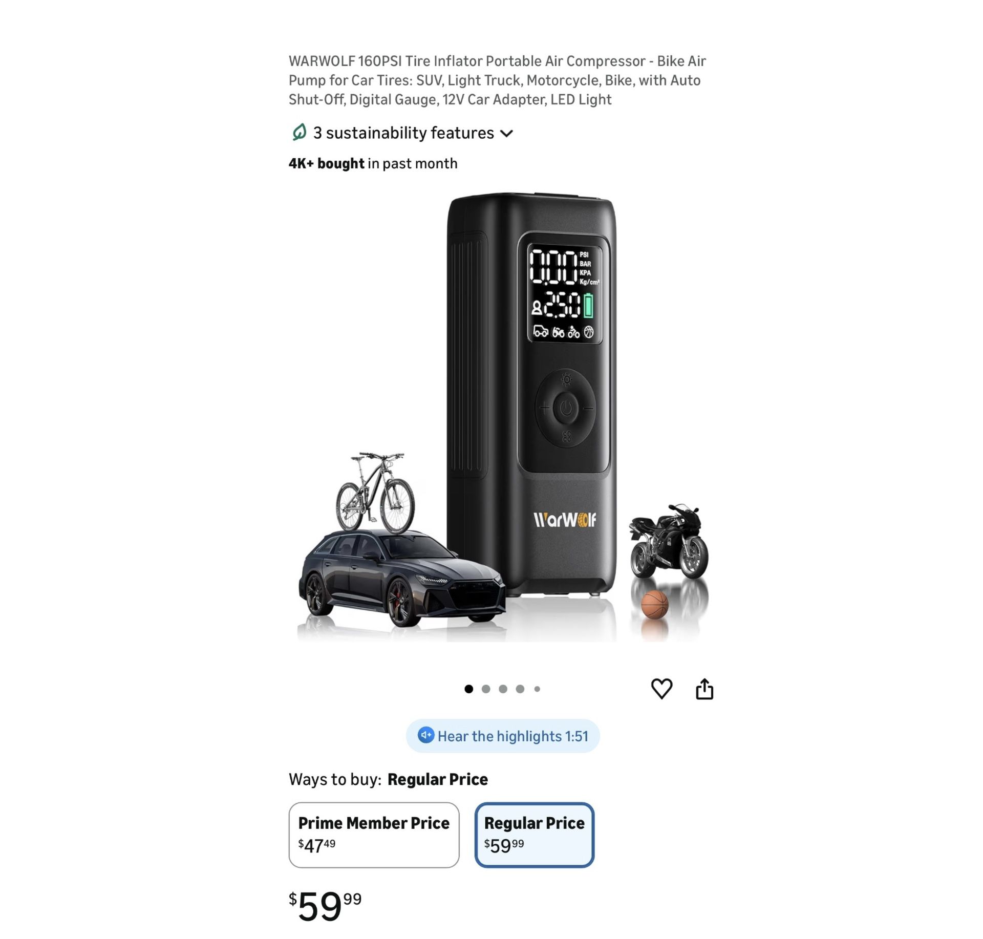 Brand new 160PSI Tire Inflator Portable Air Compressor - Bike Air Pump for Car Tires: SUV, Light Truck, Motorcycle, Bike, with Auto Shut-Off, Digital 