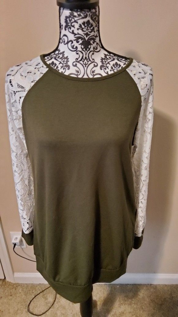 Women Olive Green Mesh Lace Long Sleeve Top Size Small
