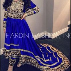 Embroidered Royal Blue Henna Dress w/ Gold Details