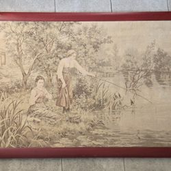Woolen Mechanical Tapestry 2 Women Fishing Antique Framed Art 29x39
