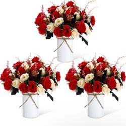 Domensi 3 Sets Wedding Centerpiece for Table Artificial Rose with Vase Fake Bouquets and Metal Pot Floral Arrangements for Holiday Party Event Table D