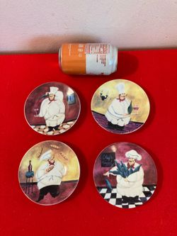 SET of 4 Plates w/ “Fat Chef" Whimsical Illustrations 4 3/4” - Decorative Use Only