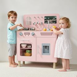 Wooden Kids Play Kitchen Set with Blackboard, Realistic Lights & Sounds, Interactive Pretend Kitchen with Stove, Water Dispenser, 6 Pcs Cookware & Cha