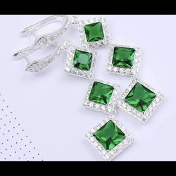 Brand New High-End Valentines Day PRESENT .Elegant 925 Sterling Silver Genuine Emerald & Dazzling White Sapphire Dangle Hoop High End Bridal Earrings 