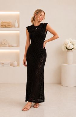 ELAN Black Open Weave Cover Up Crochet Maxi Dress - NEW