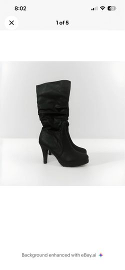 TOP MODA Black Faux Leather Mid Calf Boots Slouchy High Heel Side Zip Size 8