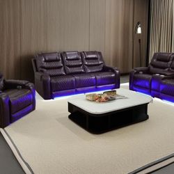 Power Electric Brown Leather Fully Reclining Couch Set