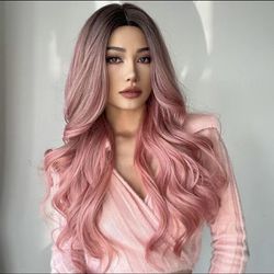 Human hair blend ombré pink wave wig.