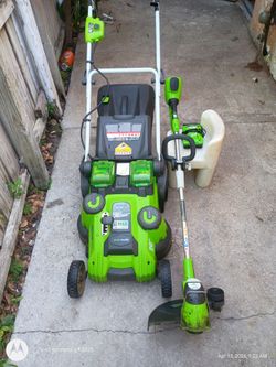 LIKE NEW 40V GREEN WORKS MOWER, EDGER, TRIMMER SET UP WITH TWO BATTERIES AND CHARGER