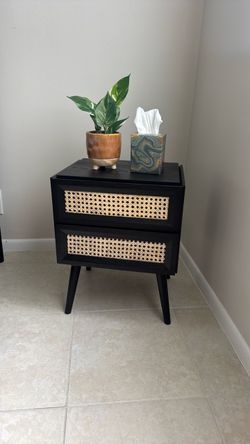 Black Wood Rattan Nightstand