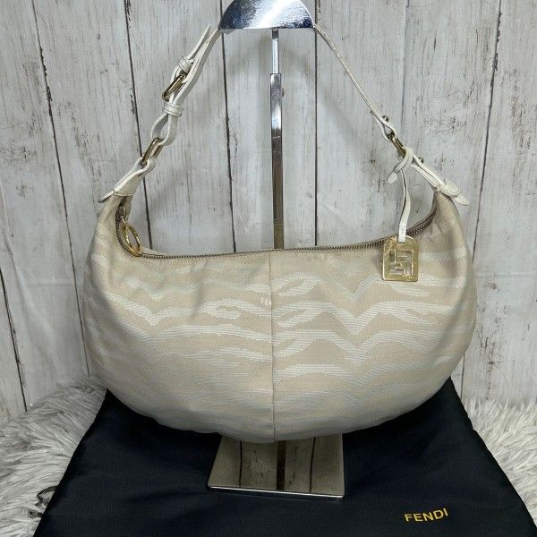 Fendi One Shoulder Bag Zebra Pattern White Canvas Logo