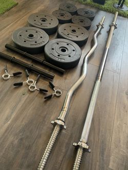 STANDARD SET: (1) straight bar, (1) curl bar, (2) dumbbell bar, 40lbs vinyl weights, 4 clips NEW WORKOUT GYM EQUIPMENT