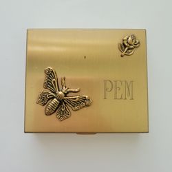 Vintage Gold Color Compact Pillbox Antique Flower Butterfly Rose Trinket 2.5x3"