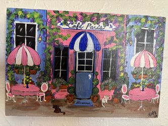 Original painting on wood for Paris and dogs lovers. Ready to hang. Signed. Coral Gables. Signed with COA. 6.5” x 9.5”.