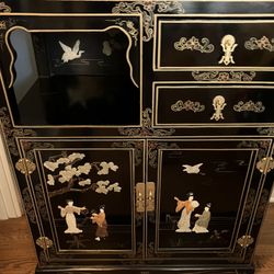 Vintage Chinese Oriental Black Lacquered 2 Door Chest With 2 Small Drawers - With Semi Precious Stone Inlay