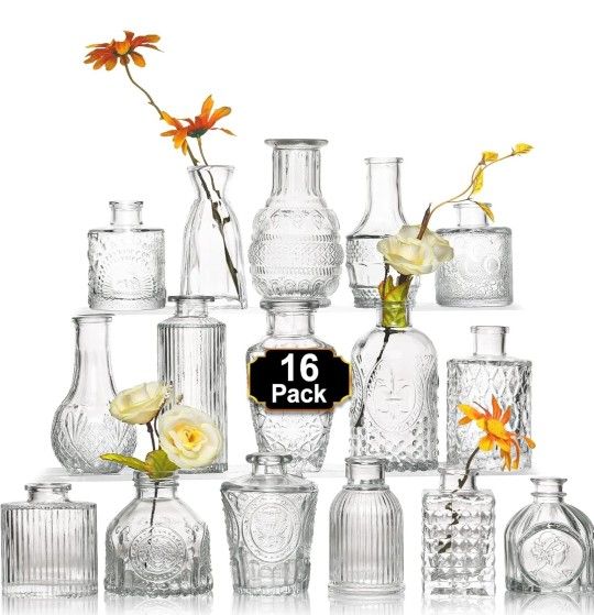 16Pcs Glass Bud Vase Set,Small Flower Vase for Centerpieces,Clear Bud Vases in Bulk, Mini Vintage Vase for Rustic Wedding Decorations