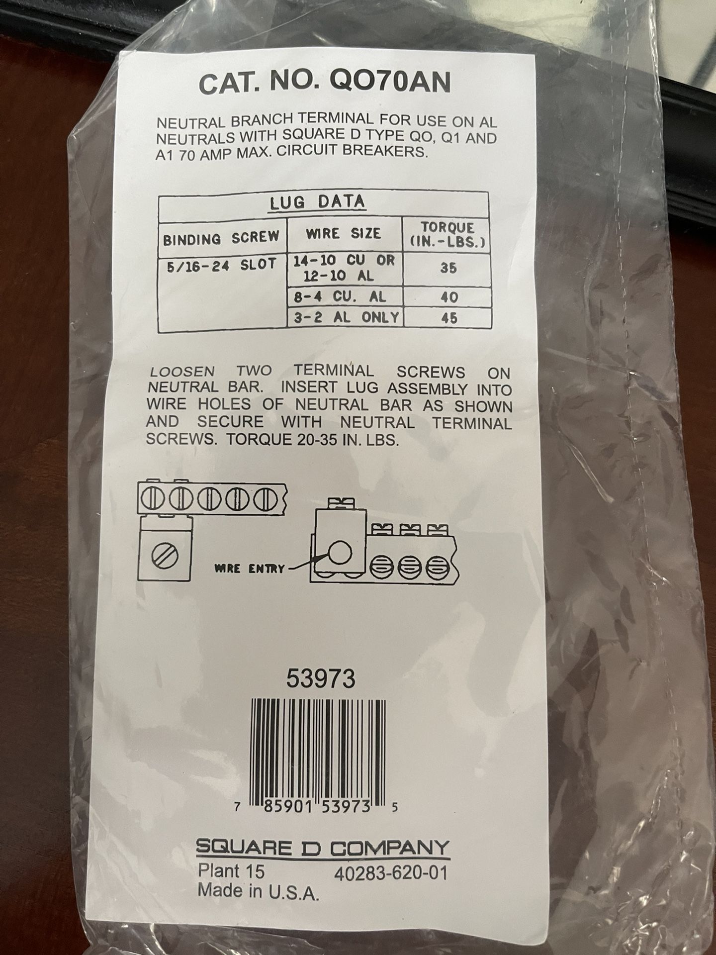 Square D 70 Amp Auxiliary Neutral Lug