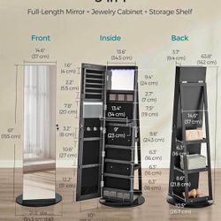   6 LEDs Lockable Mirror Jewelry Cabinet, 360° Swivel Jewelry Organizer Armoire Standing, Frameless Full-Length Mirror, 3 Storage Shelves, C