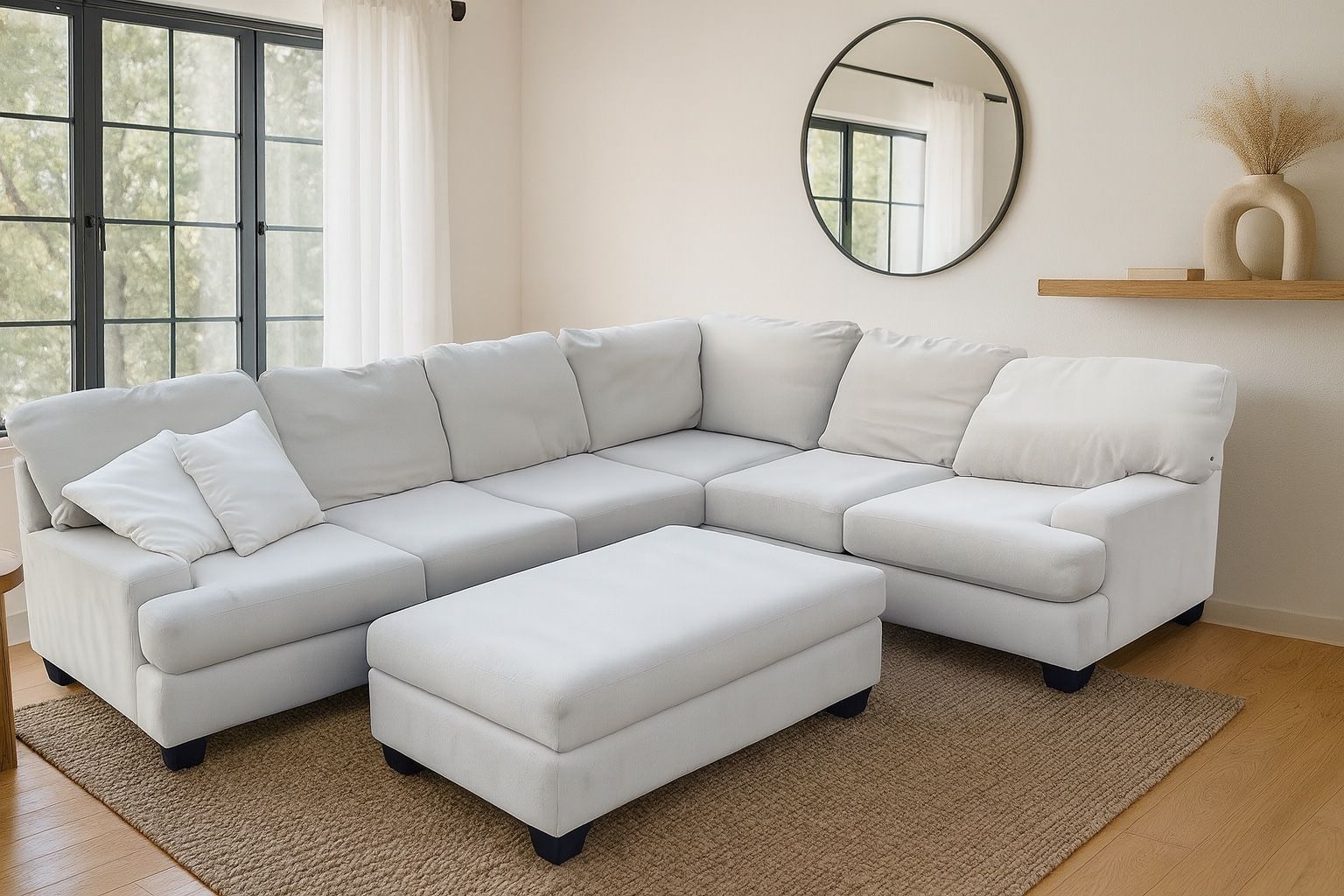 Gray Living Spaces Sectional Sofa w/ Oversized Ottoman – Modern Gray Couch Set – Deep Seating