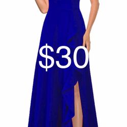 MUSHARE Women's V Neck Sexy Split Cocktail Dress with Pockets Ruffle Party Long Formal Dress 